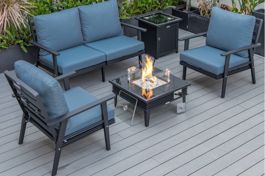 LeisureMod™ Walbrooke Modern Black Patio Conversation With Square Fire Pit With Slats Design & Tank Holder - Navy Blue