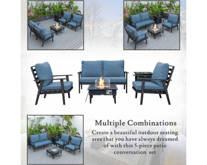 LeisureMod™ Walbrooke Modern Black Patio Conversation With Square Fire Pit With Slats Design & Tank Holder - Navy Blue