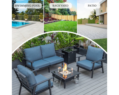 LeisureMod™ Walbrooke Modern Black Patio Conversation With Square Fire Pit With Slats Design & Tank Holder - Navy Blue