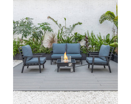 LeisureMod™ Walbrooke Modern Black Patio Conversation With Square Fire Pit With Slats Design & Tank Holder - Navy Blue