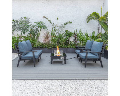 LeisureMod™ Walbrooke Modern Black Patio Conversation With Square Fire Pit With Slats Design & Tank Holder - Navy Blue