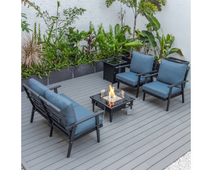 LeisureMod™ Walbrooke Modern Black Patio Conversation With Square Fire Pit With Slats Design & Tank Holder - Navy Blue