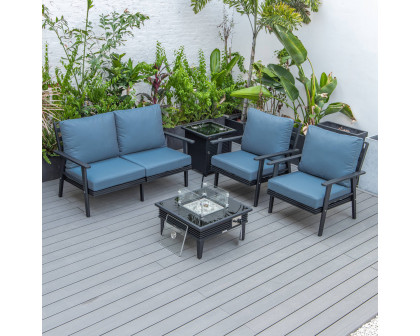 LeisureMod™ Walbrooke Modern Black Patio Conversation With Square Fire Pit With Slats Design & Tank Holder - Navy Blue