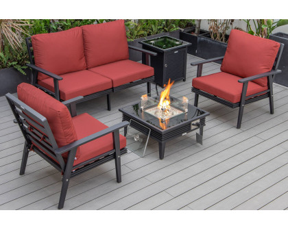 LeisureMod Walbrooke Modern Black Patio Conversation With Square Fire Pit With Slats Design & Tank Holder