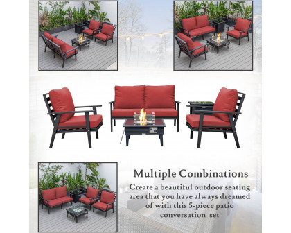 LeisureMod Walbrooke Modern Black Patio Conversation With Square Fire Pit With Slats Design & Tank Holder - Red