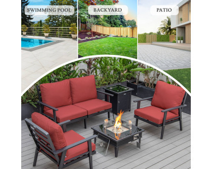 LeisureMod Walbrooke Modern Black Patio Conversation With Square Fire Pit With Slats Design & Tank Holder - Red