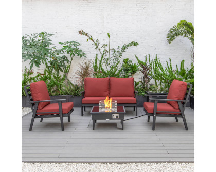 LeisureMod Walbrooke Modern Black Patio Conversation With Square Fire Pit With Slats Design & Tank Holder - Red