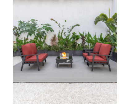 LeisureMod Walbrooke Modern Black Patio Conversation With Square Fire Pit With Slats Design & Tank Holder - Red