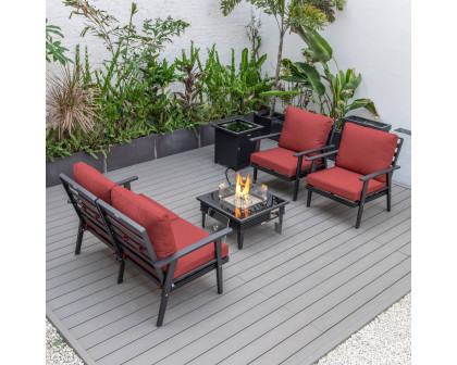 LeisureMod Walbrooke Modern Black Patio Conversation With Square Fire Pit With Slats Design & Tank Holder - Red