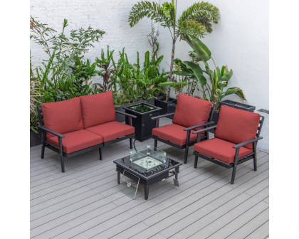 LeisureMod Walbrooke Modern Black Patio Conversation With Square Fire Pit With Slats Design & Tank Holder - Red