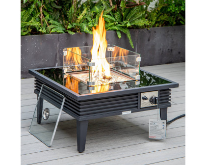 LeisureMod Walbrooke Modern Outdoor Square Fire Pit Table with Powder-Coated Aluminum Frame and Slats Design - Black