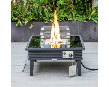 LeisureMod Walbrooke Modern Outdoor Square Fire Pit Table with Powder-Coated Aluminum Frame and Slats Design - Black