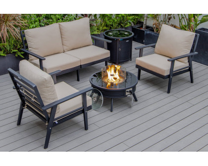 LeisureMod Walbrooke Modern Black Patio Conversation With Round Fire Pit With Slats Design & Tank Holder