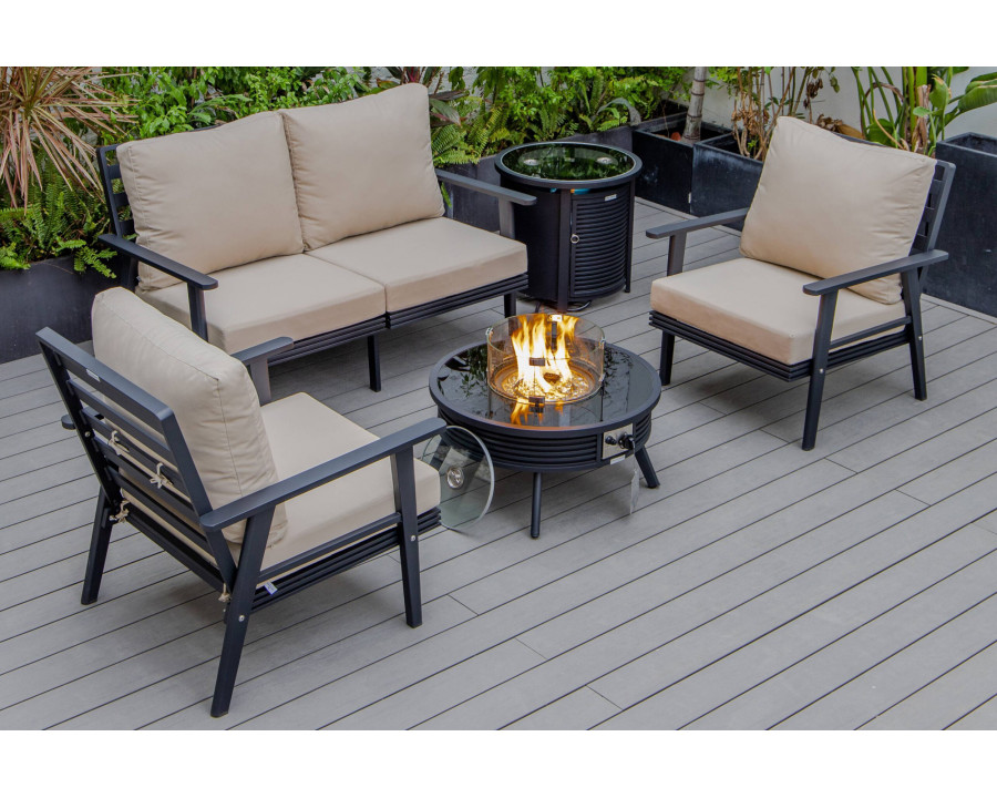 LeisureMod Walbrooke Modern Black Patio Conversation With Round Fire Pit With Slats Design & Tank Holder - Beige