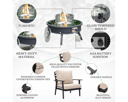 LeisureMod Walbrooke Modern Black Patio Conversation With Round Fire Pit With Slats Design & Tank Holder - Beige