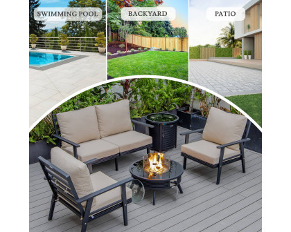 LeisureMod Walbrooke Modern Black Patio Conversation With Round Fire Pit With Slats Design & Tank Holder - Beige