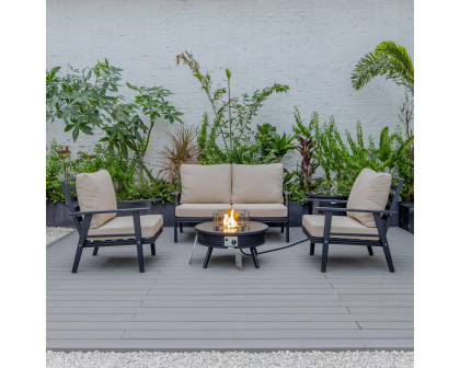 LeisureMod Walbrooke Modern Black Patio Conversation With Round Fire Pit With Slats Design & Tank Holder - Beige