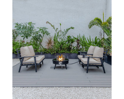 LeisureMod Walbrooke Modern Black Patio Conversation With Round Fire Pit With Slats Design & Tank Holder - Beige