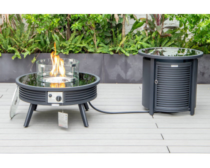 LeisureMod Walbrooke Modern Black Patio Conversation With Round Fire Pit With Slats Design & Tank Holder - Beige