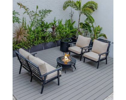 LeisureMod Walbrooke Modern Black Patio Conversation With Round Fire Pit With Slats Design & Tank Holder - Beige