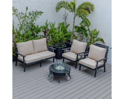 LeisureMod Walbrooke Modern Black Patio Conversation With Round Fire Pit With Slats Design & Tank Holder - Beige