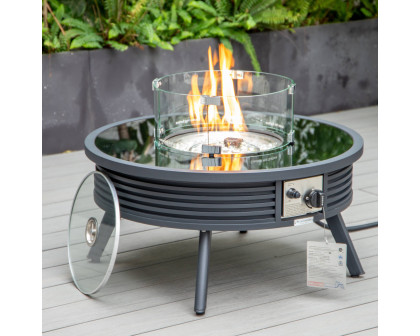 LeisureMod Walbrooke Modern Black Patio Conversation With Round Fire Pit With Slats Design & Tank Holder - Beige