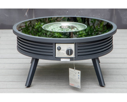 LeisureMod Walbrooke Modern Black Patio Conversation With Round Fire Pit With Slats Design & Tank Holder - Beige