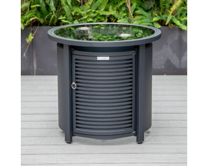 LeisureMod Walbrooke Modern Black Patio Conversation With Round Fire Pit With Slats Design & Tank Holder - Beige