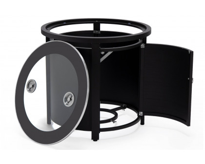 LeisureMod Walbrooke Modern Black Patio Conversation With Round Fire Pit With Slats Design & Tank Holder - Beige