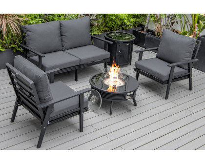 LeisureMod Walbrooke Modern Black Patio Conversation With Round Fire Pit With Slats Design & Tank Holder