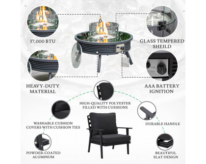 LeisureMod Walbrooke Modern Black Patio Conversation With Round Fire Pit With Slats Design & Tank Holder - Charcoal