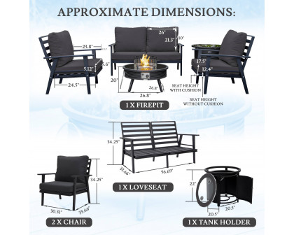 LeisureMod Walbrooke Modern Black Patio Conversation With Round Fire Pit With Slats Design & Tank Holder - Charcoal