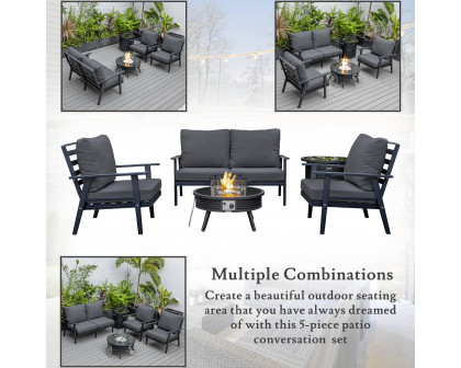 LeisureMod Walbrooke Modern Black Patio Conversation With Round Fire Pit With Slats Design & Tank Holder - Charcoal