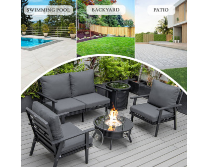 LeisureMod Walbrooke Modern Black Patio Conversation With Round Fire Pit With Slats Design & Tank Holder - Charcoal