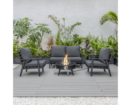 LeisureMod Walbrooke Modern Black Patio Conversation With Round Fire Pit With Slats Design & Tank Holder - Charcoal