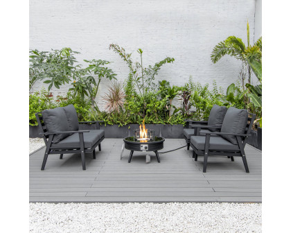 LeisureMod Walbrooke Modern Black Patio Conversation With Round Fire Pit With Slats Design & Tank Holder - Charcoal