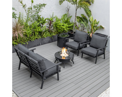 LeisureMod Walbrooke Modern Black Patio Conversation With Round Fire Pit With Slats Design & Tank Holder - Charcoal