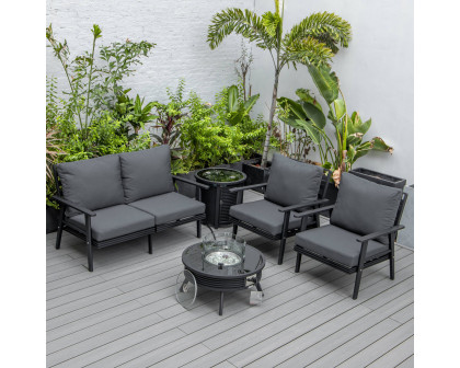 LeisureMod Walbrooke Modern Black Patio Conversation With Round Fire Pit With Slats Design & Tank Holder - Charcoal