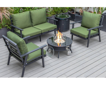 LeisureMod Walbrooke Modern Black Patio Conversation With Round Fire Pit With Slats Design & Tank Holder