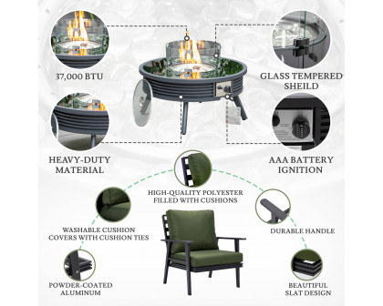 LeisureMod Walbrooke Modern Black Patio Conversation With Round Fire Pit With Slats Design & Tank Holder - Green