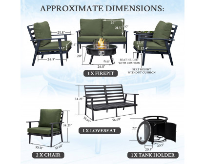 LeisureMod Walbrooke Modern Black Patio Conversation With Round Fire Pit With Slats Design & Tank Holder - Green