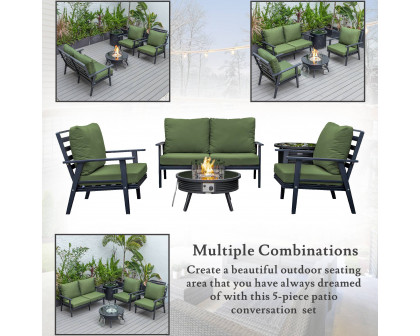 LeisureMod Walbrooke Modern Black Patio Conversation With Round Fire Pit With Slats Design & Tank Holder - Green