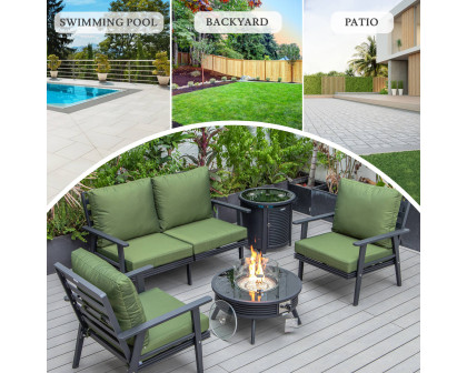 LeisureMod Walbrooke Modern Black Patio Conversation With Round Fire Pit With Slats Design & Tank Holder - Green