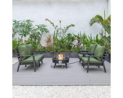 LeisureMod Walbrooke Modern Black Patio Conversation With Round Fire Pit With Slats Design & Tank Holder - Green