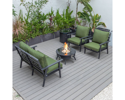 LeisureMod Walbrooke Modern Black Patio Conversation With Round Fire Pit With Slats Design & Tank Holder - Green