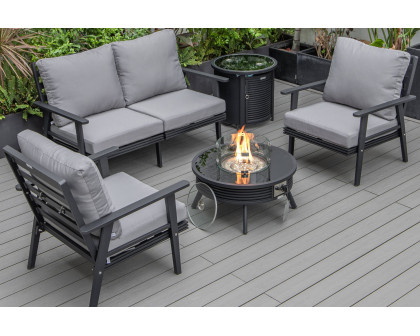 LeisureMod Walbrooke Modern Black Patio Conversation With Round Fire Pit With Slats Design & Tank Holder