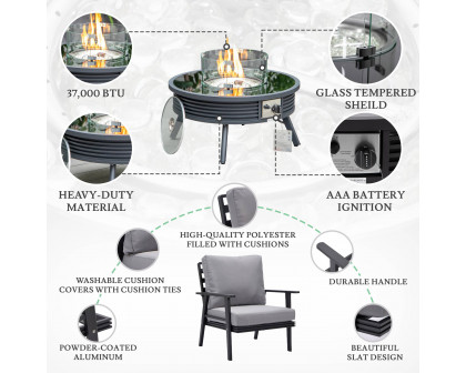 LeisureMod Walbrooke Modern Black Patio Conversation With Round Fire Pit With Slats Design & Tank Holder - Gray