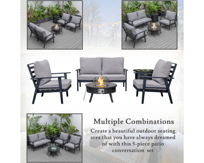 LeisureMod Walbrooke Modern Black Patio Conversation With Round Fire Pit With Slats Design & Tank Holder - Gray