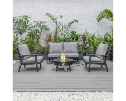 LeisureMod Walbrooke Modern Black Patio Conversation With Round Fire Pit With Slats Design & Tank Holder - Gray