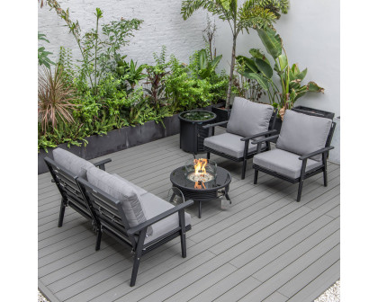 LeisureMod Walbrooke Modern Black Patio Conversation With Round Fire Pit With Slats Design & Tank Holder - Gray